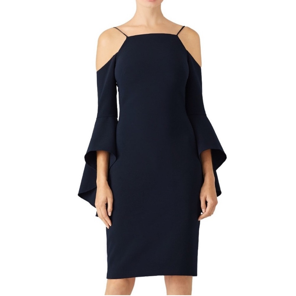 Theia Midnight Cold Shoulder Flounce Sleeve Dress